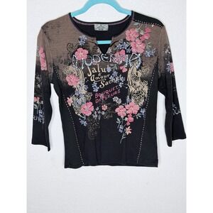 Y2K Vanilla Sugar Top Womens Size M Black Floral Cotton 3/4 Sleeves Casual